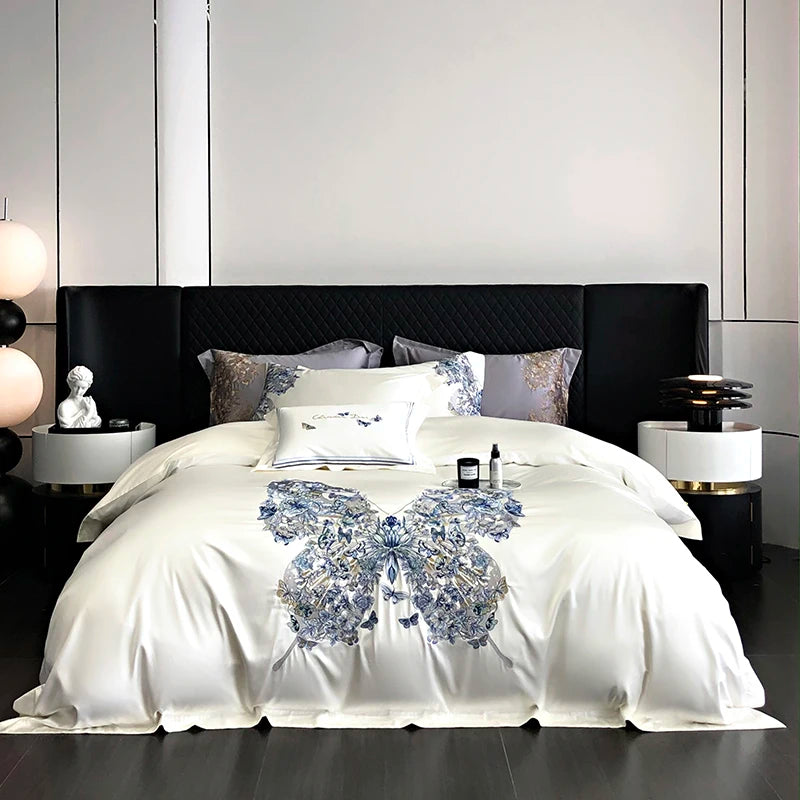 Luxury White Blue Butterfly Flowers Embroidered Bedding Set - Soft Satin Silk Cotton