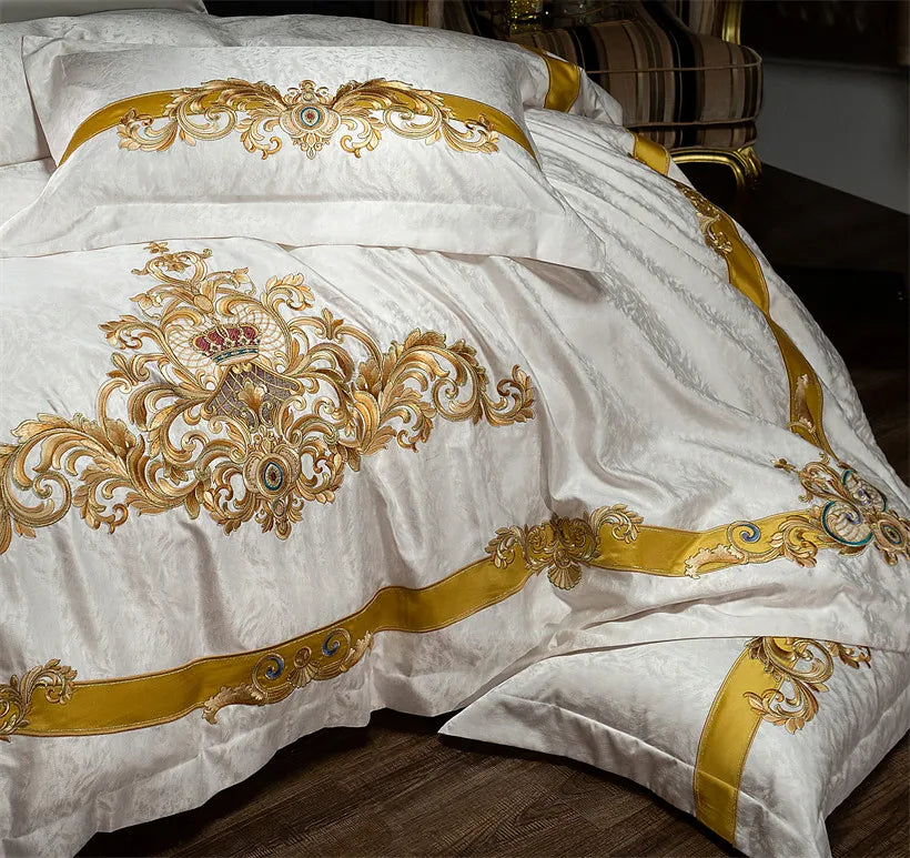 Gold White Baroque Western 1000TC Egyptian Cotton Patchwork Embroidered Bedding Set