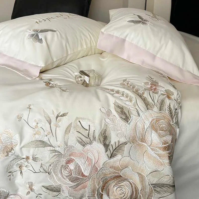 Rose Chic Butterfly Flowers Wedding Embroidery, 100% Cotton Duvet Cover Bedding Set