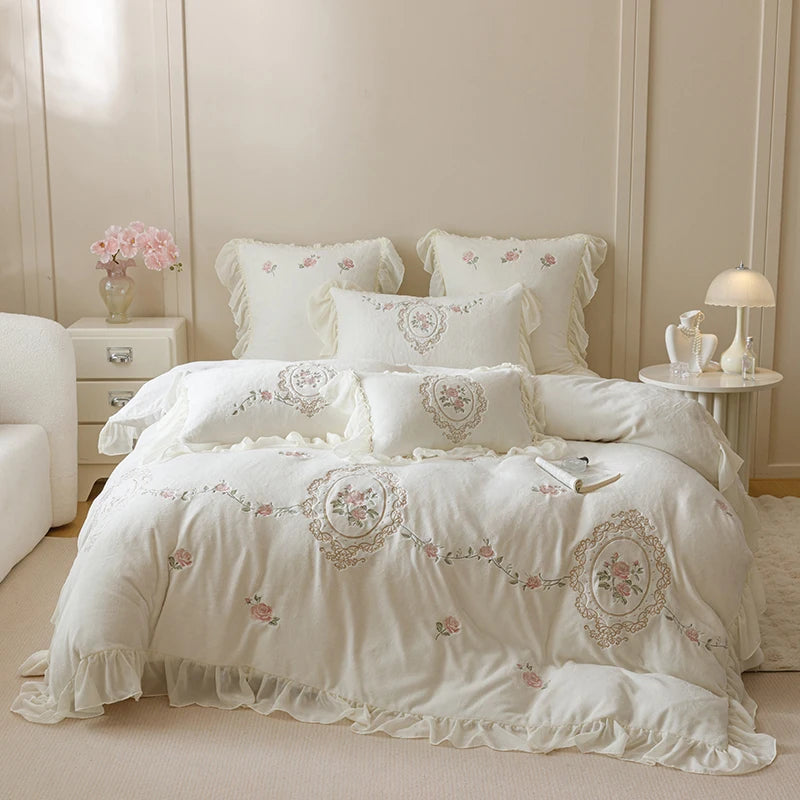 White Rose Flowers Western Fleece Embroidered Ruffles Princess Bedding Set