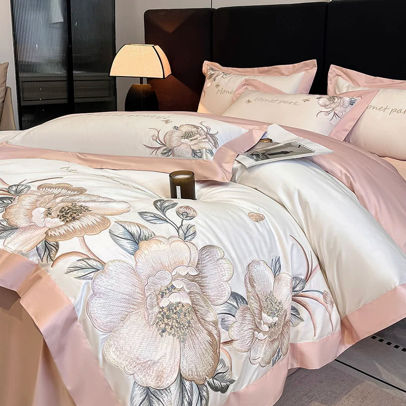 Pink Flowers Embroidered Wedding, Egyptian Cotton Soft Bedding Set