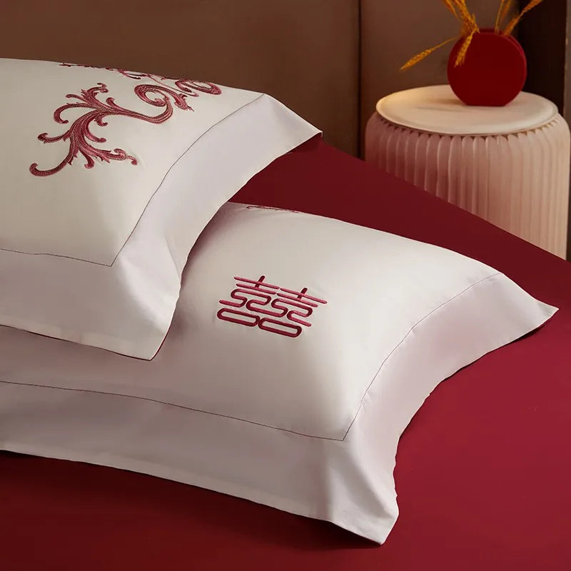 Luxury Red Happiness Blossom Embroidered Wedding Egyptian Cotton 1000TC Bedding Set