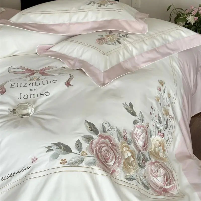 Victorian Peony Flowers Embroidered Princess Egyptian Cotton 1000TC Bedding Set