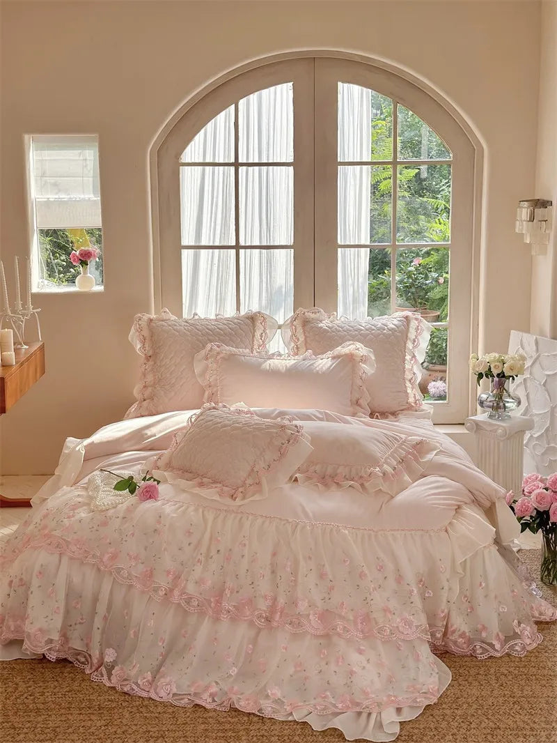 Victorian Pink Floral Crystal Velvet Bedskirt Bedding Set