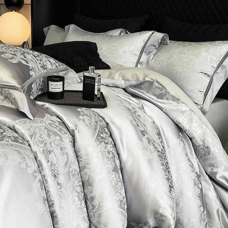 Luxury Gray Jacquard Egyptian Cotton Soft Patchwork Bedding Set