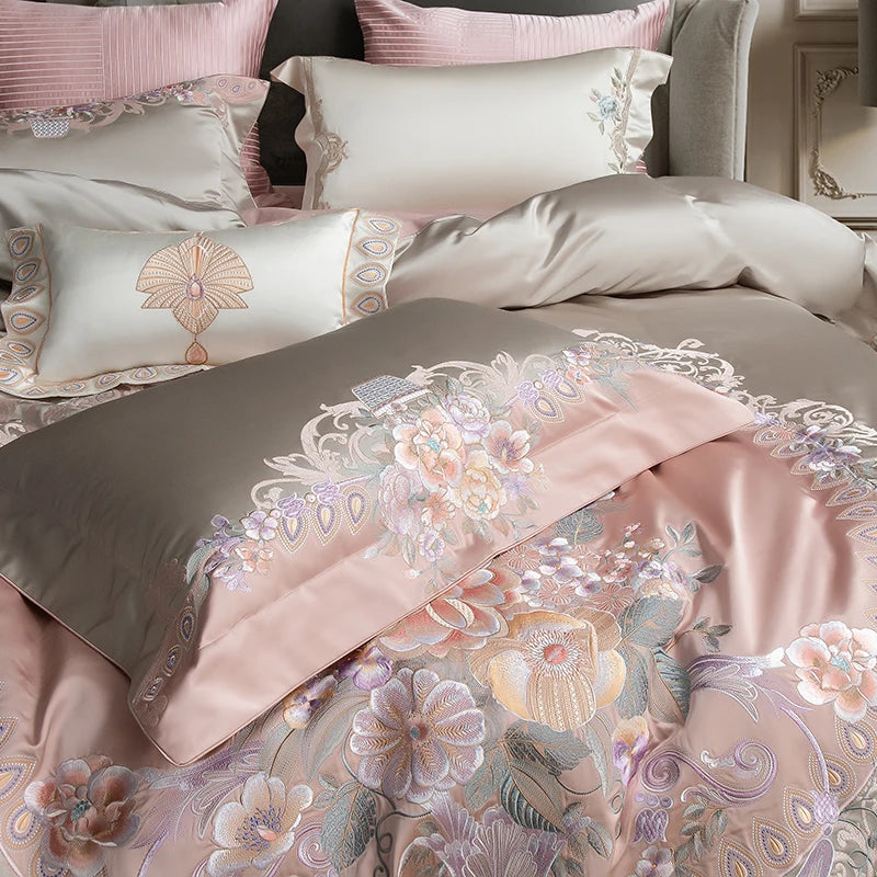 Luxury Gorgeous Flowers European Embroidered Palace Egyptian Cotton 1200TC Bedding Set