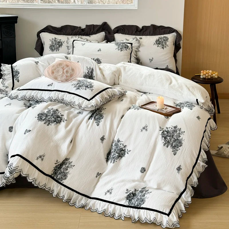 Luxury White Floral Print Embroidery Cotton Bedding Set with Black Trim