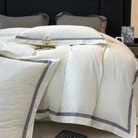 Thumbnail for Pure White Grey Brushed Fabric Embroidery Hotel Duvet Cover Set, 100% Cotton Bedding Set