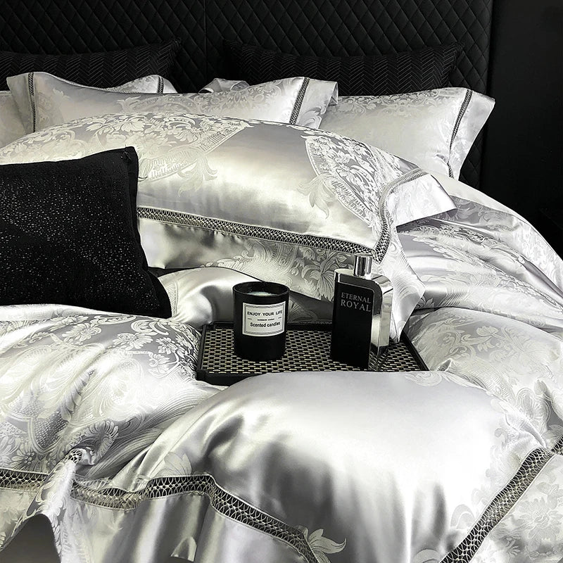 Luxury Gray Jacquard Egyptian Cotton Soft Patchwork Bedding Set