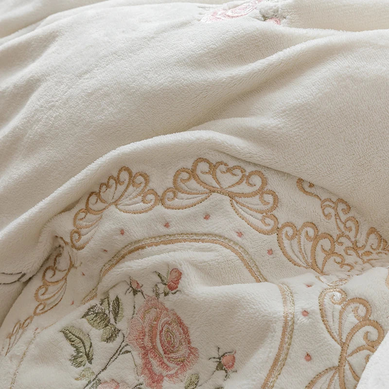 White Rose Flowers Western Fleece Embroidered Ruffles Princess Bedding Set