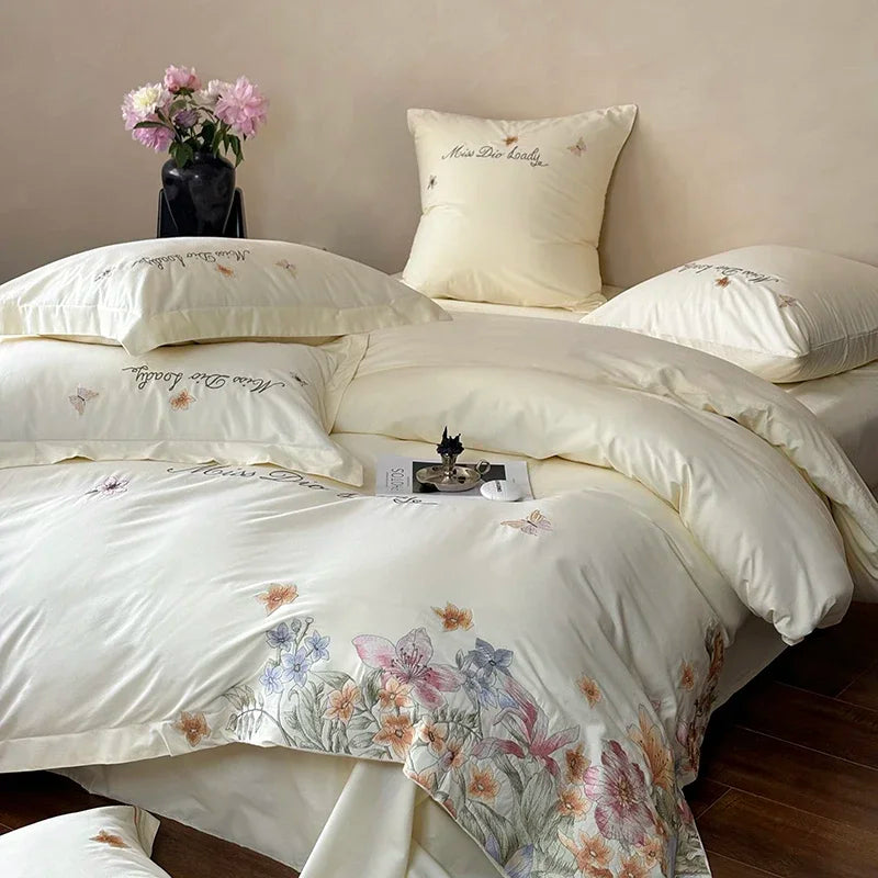 White Luxury Butterfly Flowers Embroidered Duvet Cover Set, Cotton Bedding Set