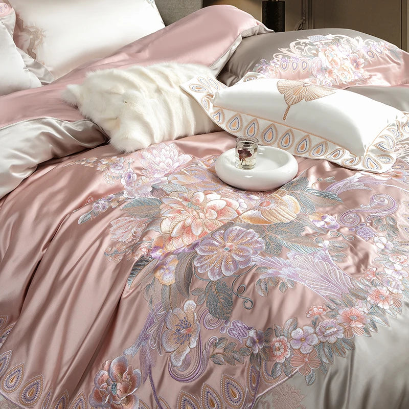 Luxury Gorgeous Flowers European Embroidered Palace Egyptian Cotton 1200TC Bedding Set