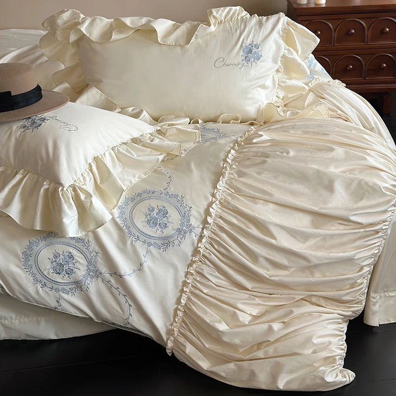 Vintage Rustic Rose Flowers Embroidered Egyptian Cotton 1000TC Bedding Set