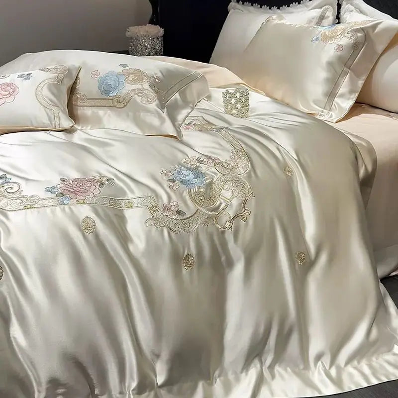 Luxurious Champagne Patchwork Rose Egyptian Cotton 1000TC Flowers Embroidered Bedding Set