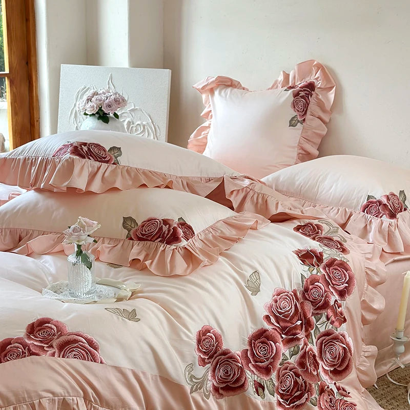 Luxury Butterfly Flowers Embroidered Wedding 1400TC Egyptian Cotton Bedding Set