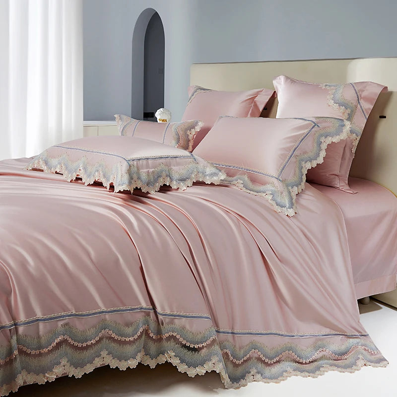 Pink Champagne Romantic French Satin Silky Duvet Cover Set, Egyptian Cotton 1000TC Bedding Set