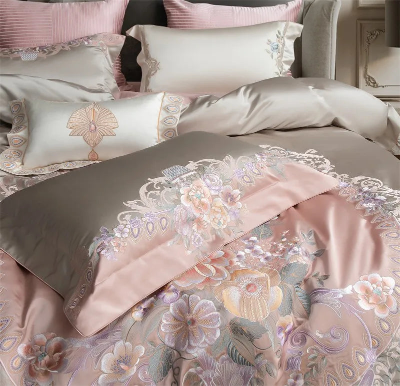 Victorian Pink Peony Flowers 1000TC Cotton Satin Patchwork Bedding Set