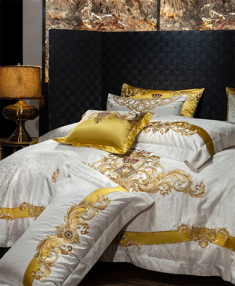 Gold White Baroque Western 1000TC Egyptian Cotton Patchwork Embroidered Bedding Set