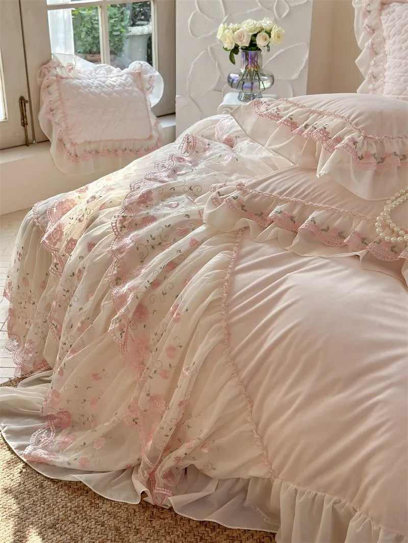 Victorian Pink Floral Crystal Velvet Bedskirt Bedding Set