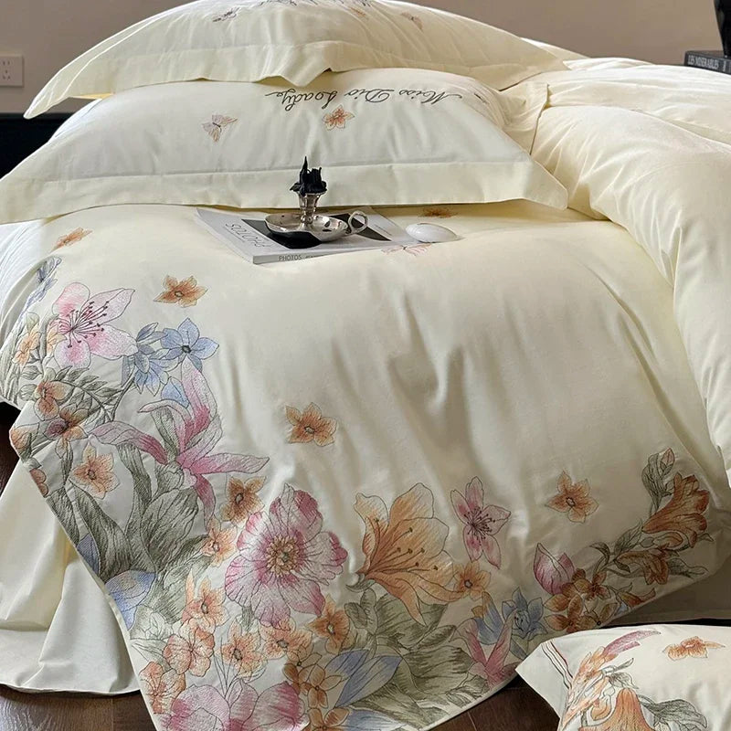 White Luxury Butterfly Flowers Embroidered Duvet Cover Set, Cotton Bedding Set