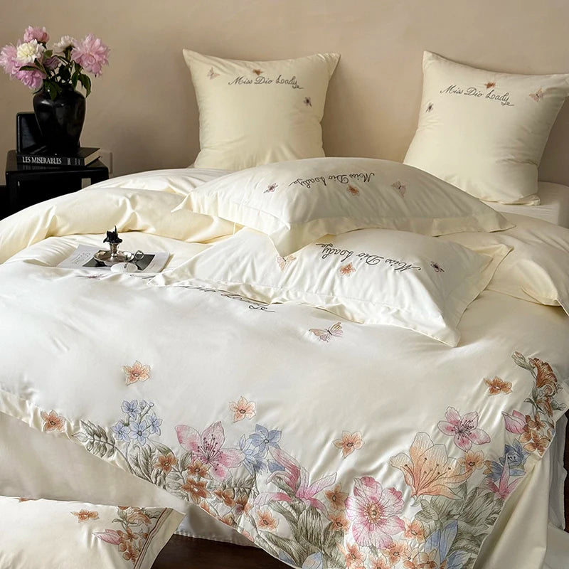 White Luxury Butterfly Flowers Embroidered Duvet Cover Set, Cotton Bedding Set