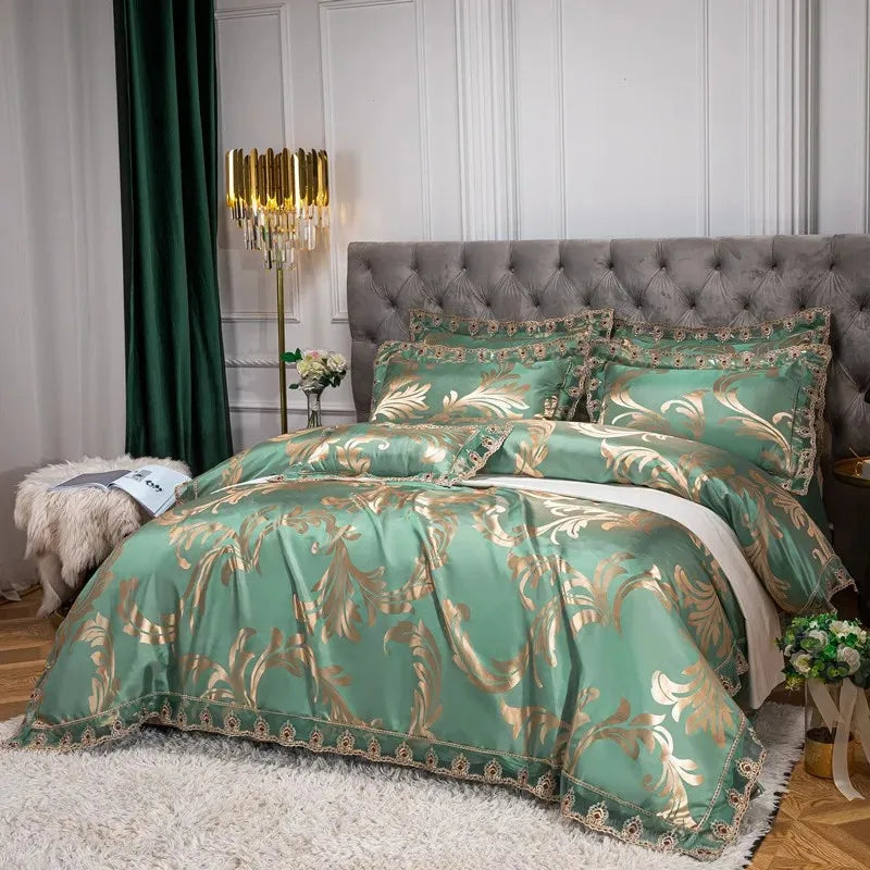 Green Gold Jacquard Weave Chic Soft Satin Bedding Set