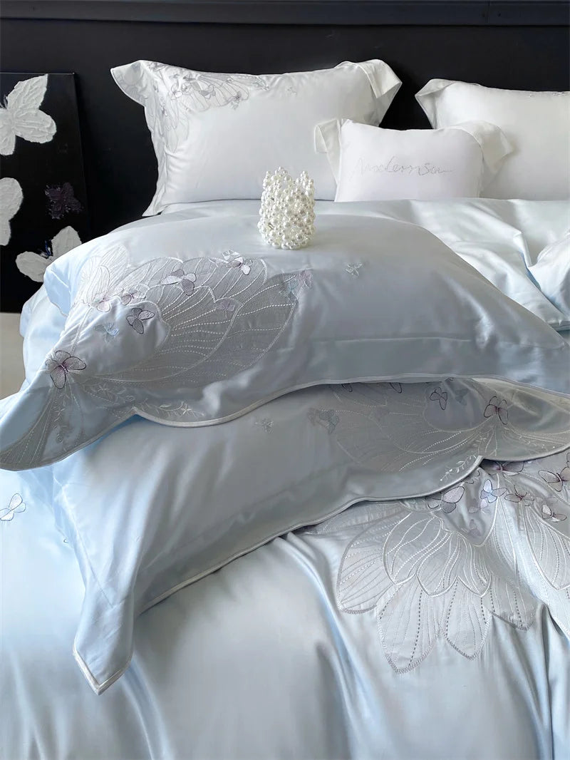 Chic White Butterfly Embroidered Luxury Lyocell Fabric Bedding Set