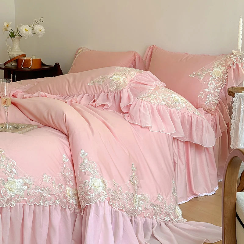 Pink Gold Royal Luxurious French Rose Embroidered Duvet Cover Set, Cotton Bedding Sets