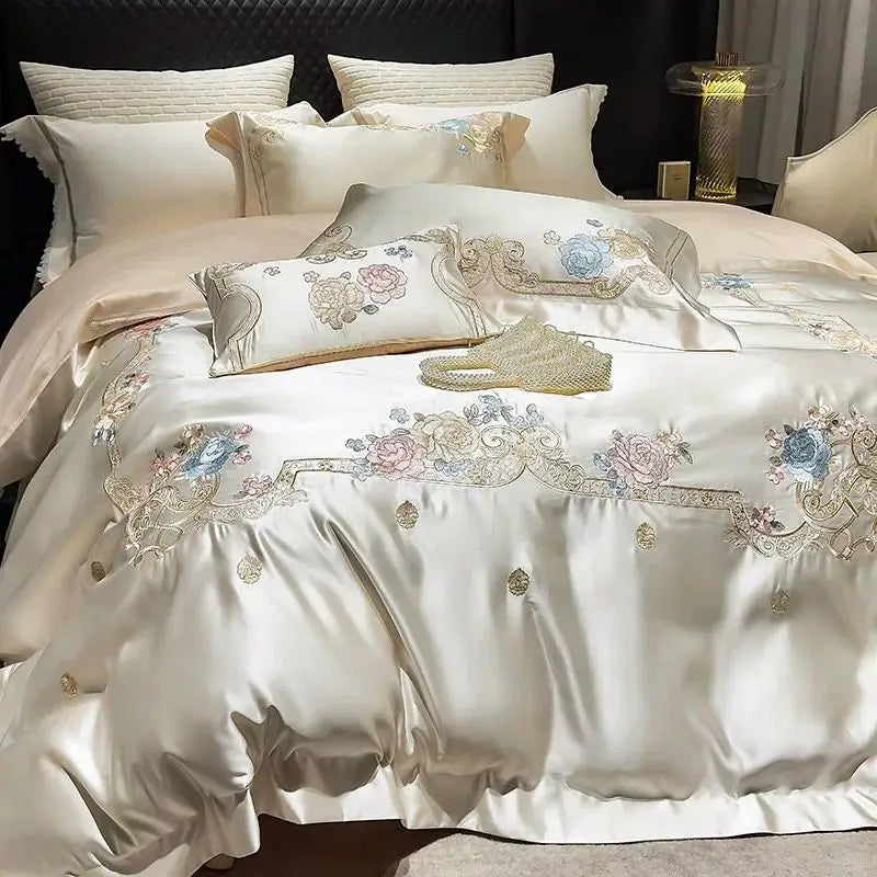 Luxurious Champagne Patchwork Rose Egyptian Cotton 1000TC Flowers Embroidered Bedding Set