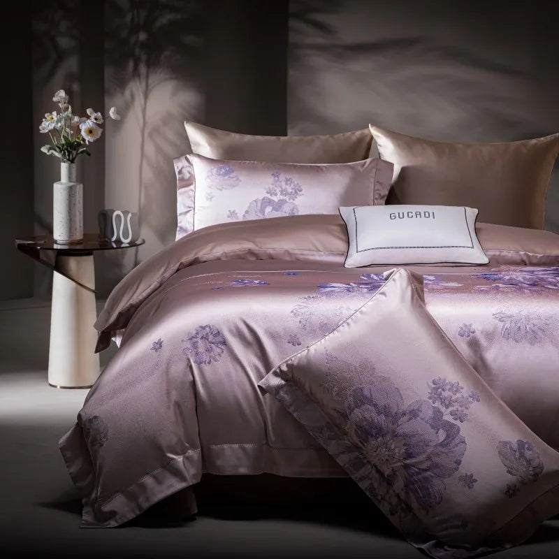 Brown Purple Jacquard Luxury Silky Soft Egyptian Cotton 1000TC Bedding Set