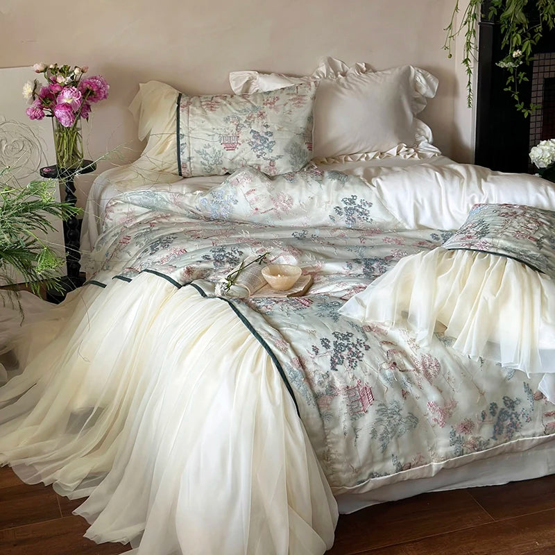 Nature Leaves Print French Princess Lyocell Cotton Skin-friendly Bedding Set