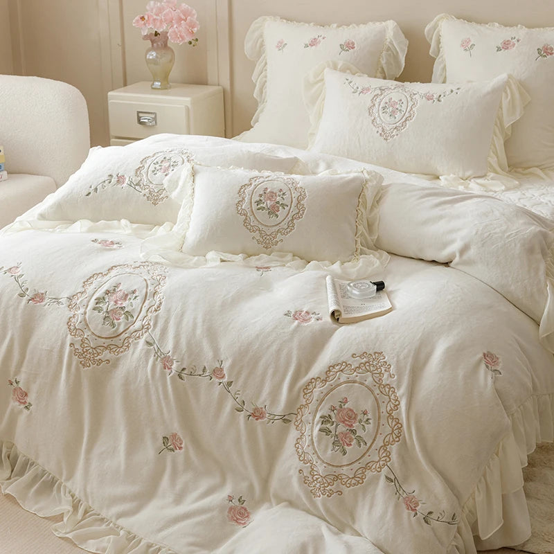 White Rose Flowers Western Fleece Embroidered Ruffles Princess Bedding Set