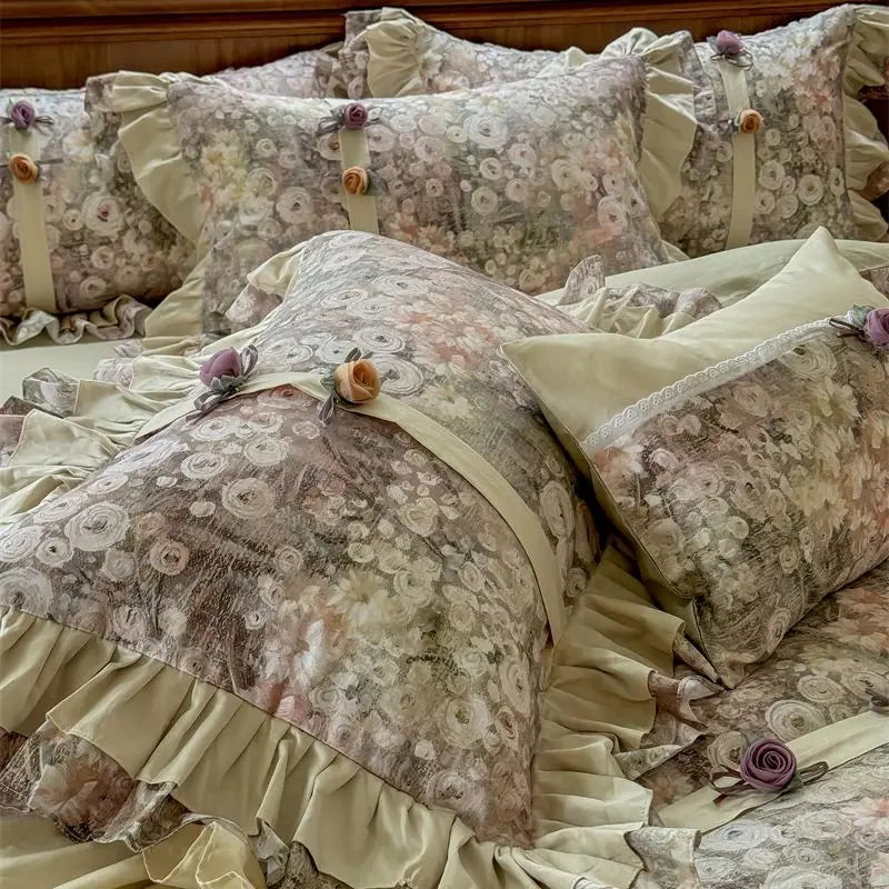 Vintage Europe Flowers Print Pleated Lace Ruffles Egyptian Cotton 1000TC Bedding Set