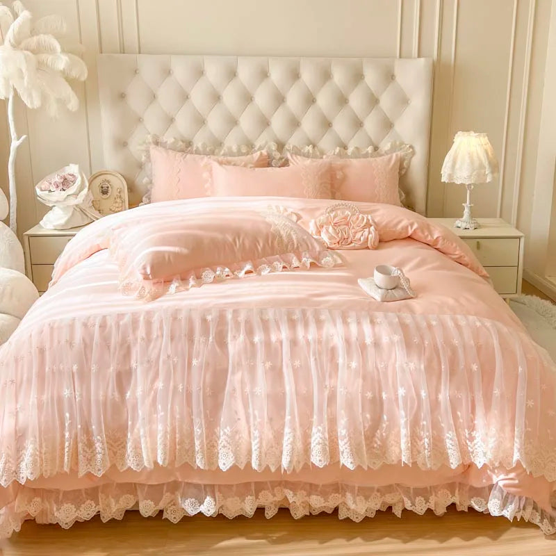 Pink Romantic Korean Princess Lace Ruffles Duvet Cover Set, Cotton Bedding Set