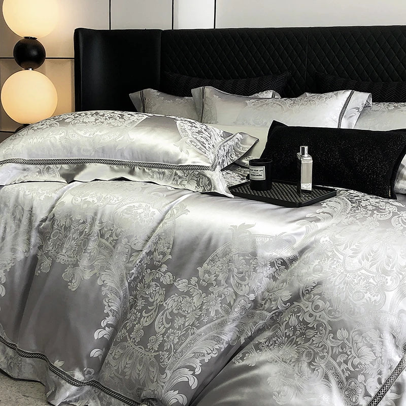 Luxury Gray Jacquard Egyptian Cotton Soft Patchwork Bedding Set