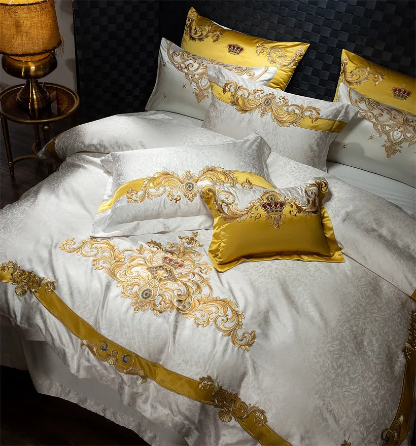 Gold White Baroque Western 1000TC Egyptian Cotton Patchwork Embroidered Bedding Set