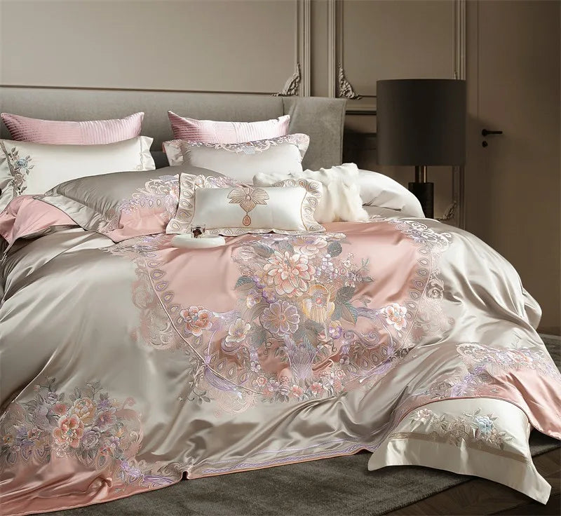 Victorian Pink Peony Flowers 1000TC Cotton Satin Patchwork Bedding Set