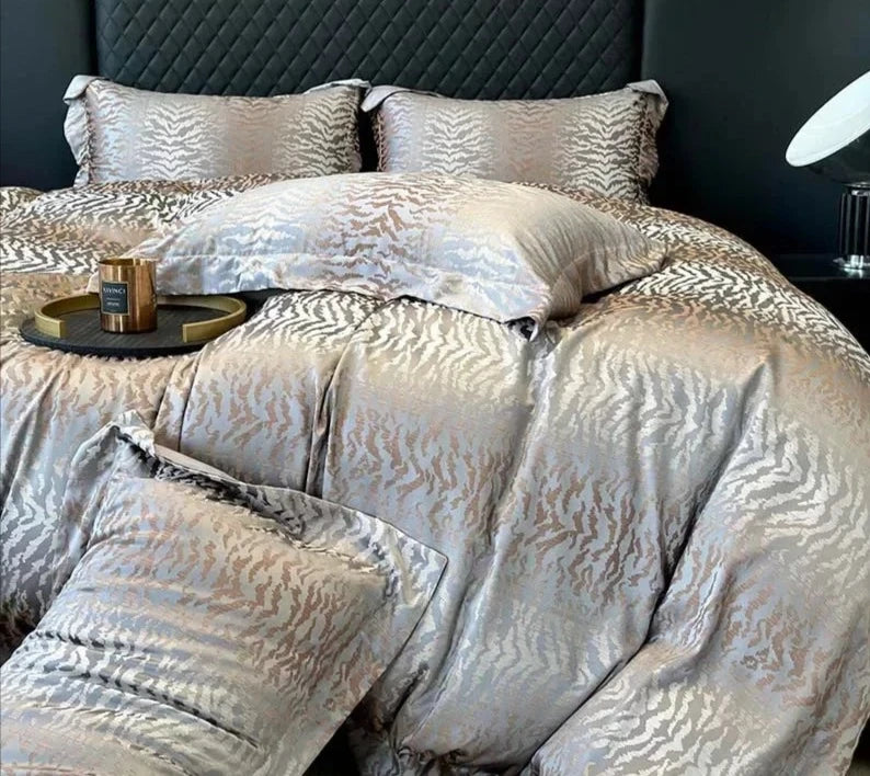 Silver Gray Jacquard Luxury Soft Silky Duvet Cover, Egyptian Cotton 1000TC Bedding Set