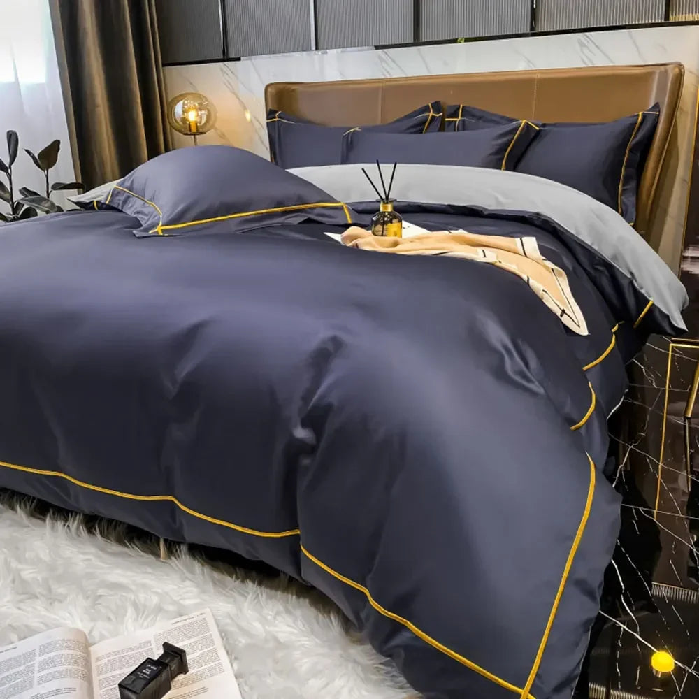 Luxurious Navy Blue Bedlinens Bedding Set - 100% Egyptian Cotton with Elegant Yellow Trim