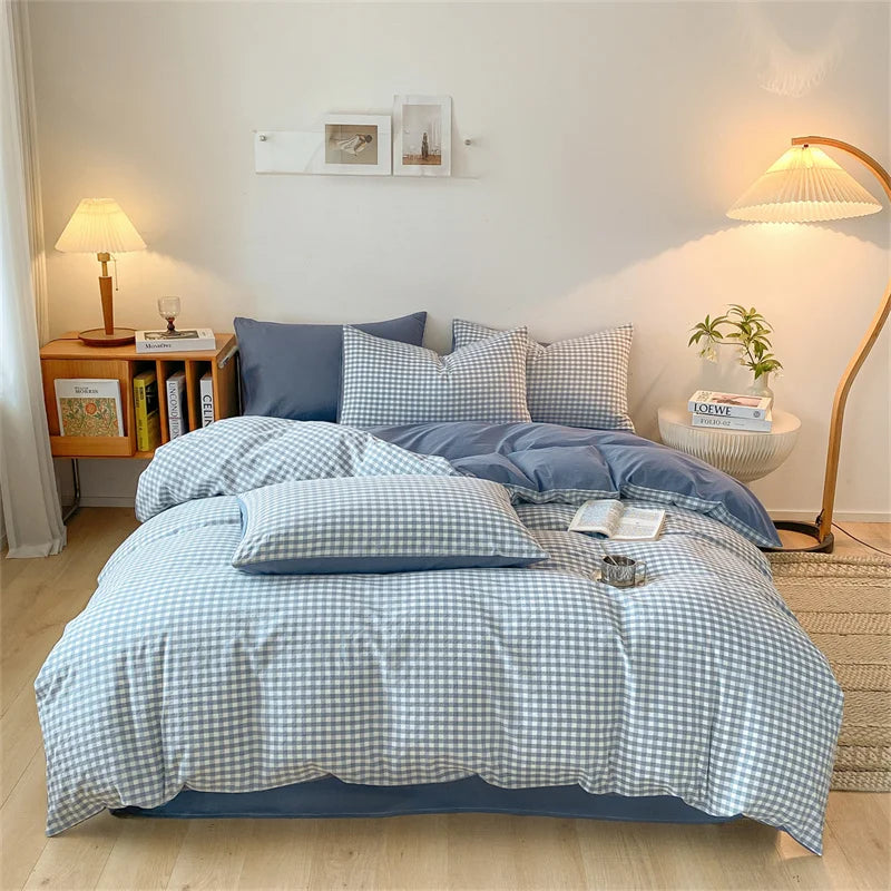 Cozy Blue Gingham Stripe Cotton Bed Linens Bedding Set