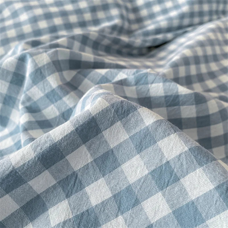 Cozy Blue Gingham Stripe Cotton Bed Linens Bedding Set