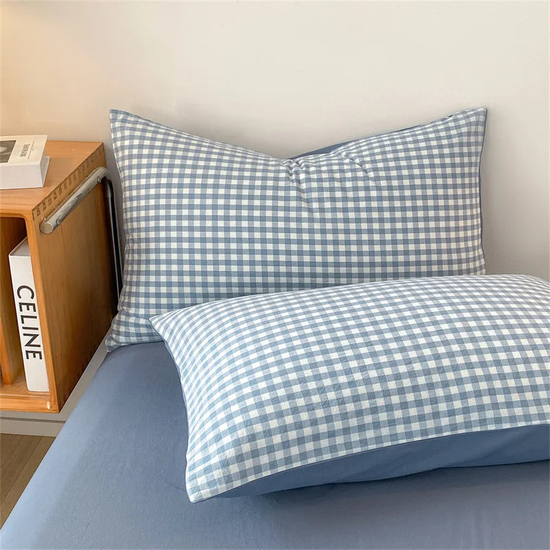 Cozy Blue Gingham Stripe Cotton Bed Linens Bedding Set