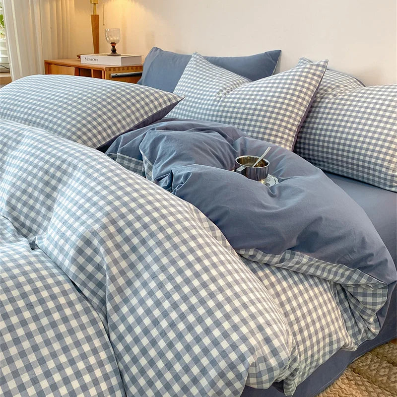 Cozy Blue Gingham Stripe Cotton Bed Linens Bedding Set