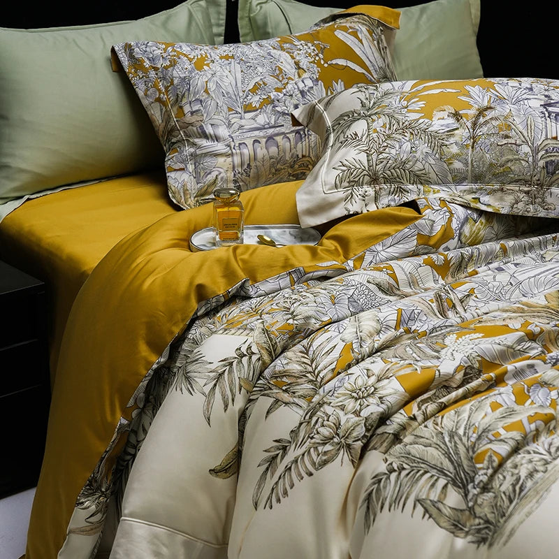 Luxury Botanical Digital Printing Satin Thickened Egyptian Cotton 1000TC Bedding Set