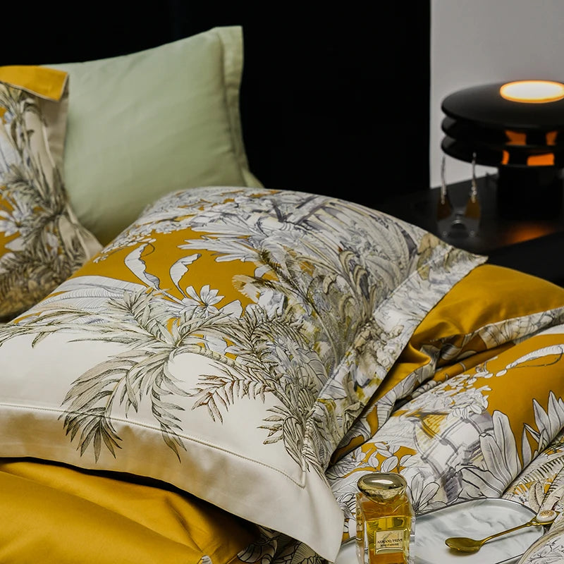 Luxury Botanical Digital Printing Satin Thickened Egyptian Cotton 1000TC Bedding Set