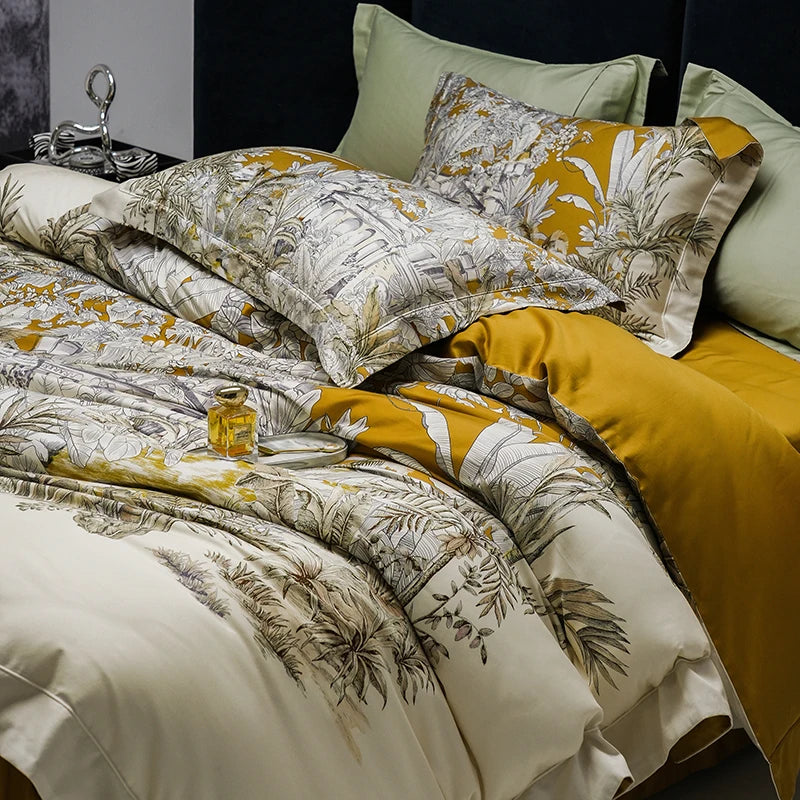 Luxury Botanical Digital Printing Satin Thickened Egyptian Cotton 1000TC Bedding Set