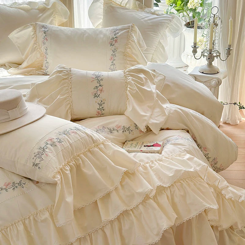 Clean Floral 3 Layers Ruffles Embroidery Girl Duvet Cover, Egyptian Cotton Bedding Set