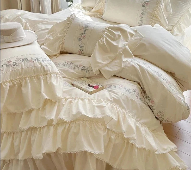 Clean Floral 3 Layers Ruffles Embroidery Girl Duvet Cover, Egyptian Cotton Bedding Set