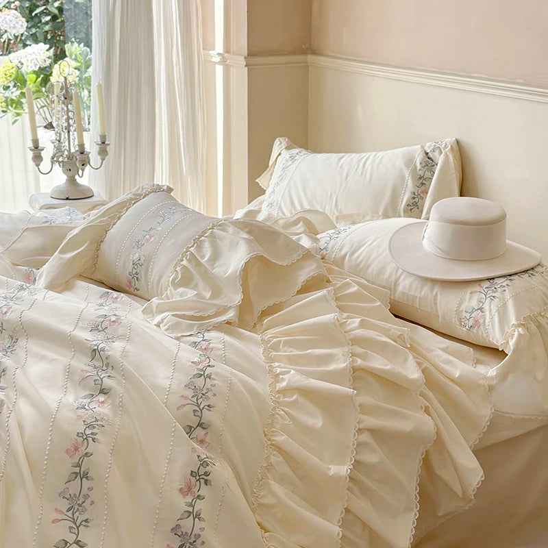 Clean Floral 3 Layers Ruffles Embroidery Girl Duvet Cover, Egyptian Cotton Bedding Set