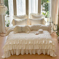 Thumbnail for Clean Floral 3 Layers Ruffles Embroidery Girl Duvet Cover, Egyptian Cotton Bedding Set
